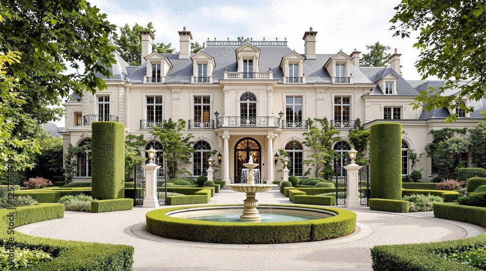 Fototapeta premium Elegant french chateau with manicured gardens and fountain