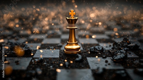 Golden King Chess Piece on a Dark Chessboard photo