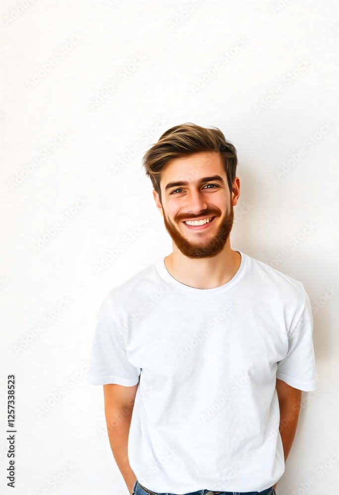 Happy Young Man with Beard Smiling Wearing White T Shirt Studio Portrait Happy Young Man with Beard Smiling Wearing White T Shirt Studio Portrait