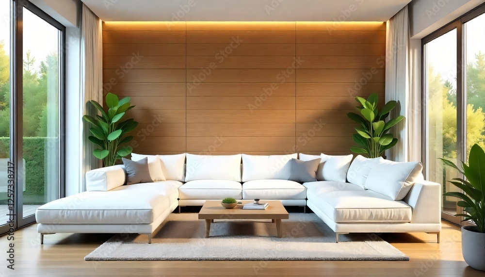 Fototapeta premium Modern Living Room Interior Design White Sectional Sofa Wooden Wall Natural Light