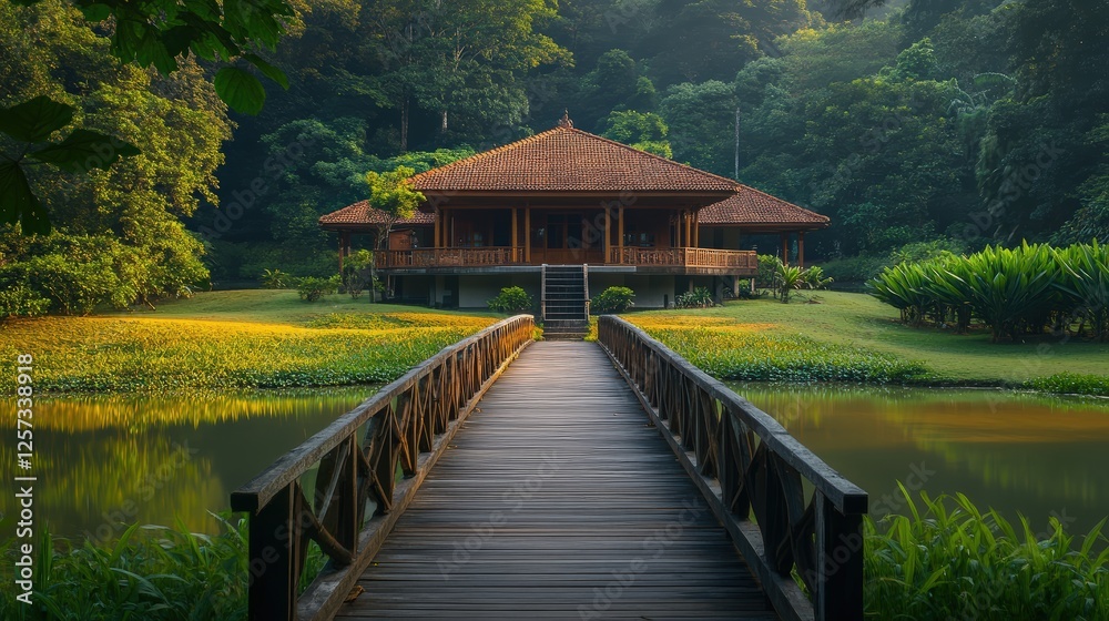 A temple house with a wooden bridge leading to its entrance A temple house with a wooden bridge leading to its entrance