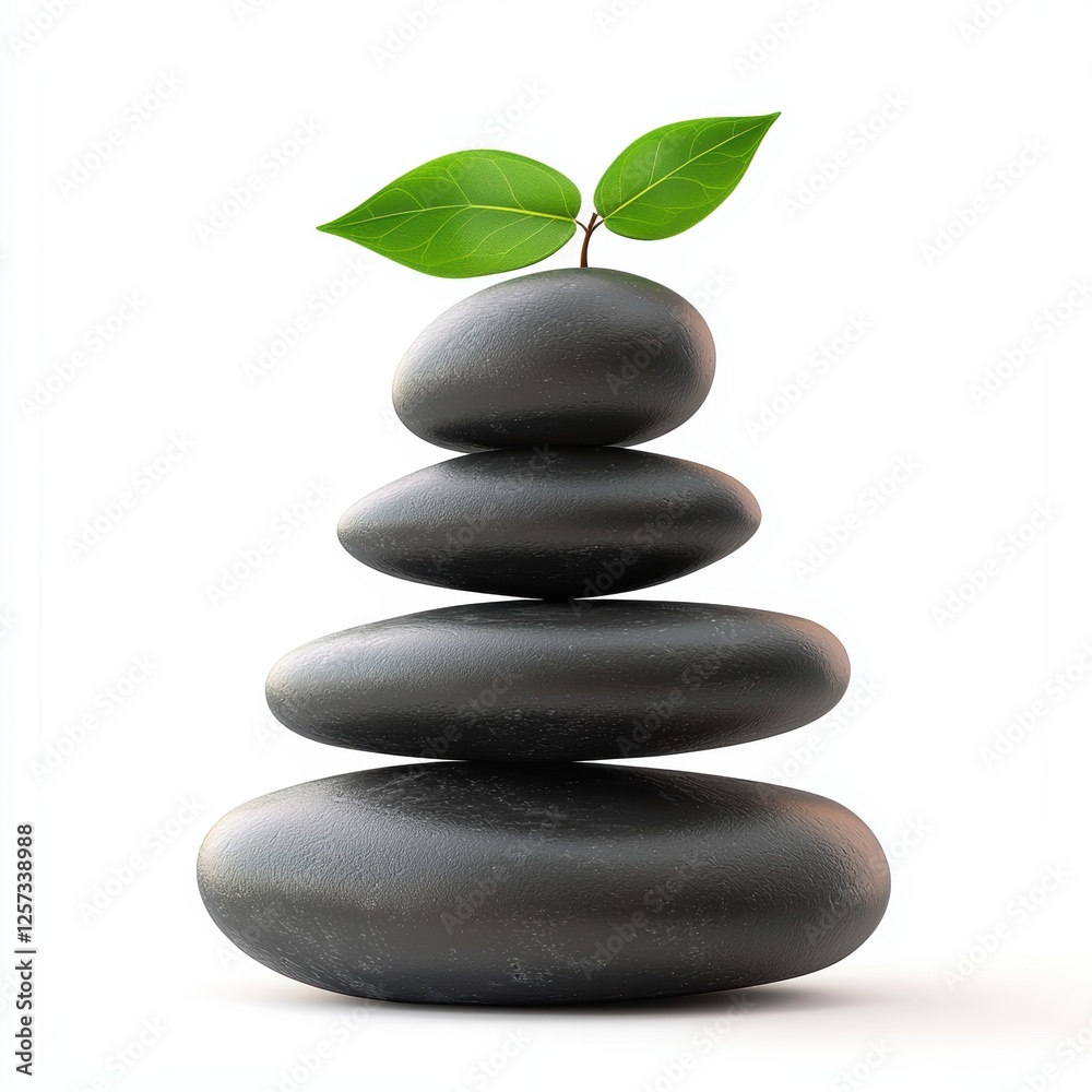 Fototapeta premium balanced stack of smooth zen stones with a small green leaf on top, isolated on white.