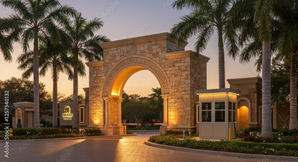 Elegant stone entrance archway with palm trees at sunset in tropical setting