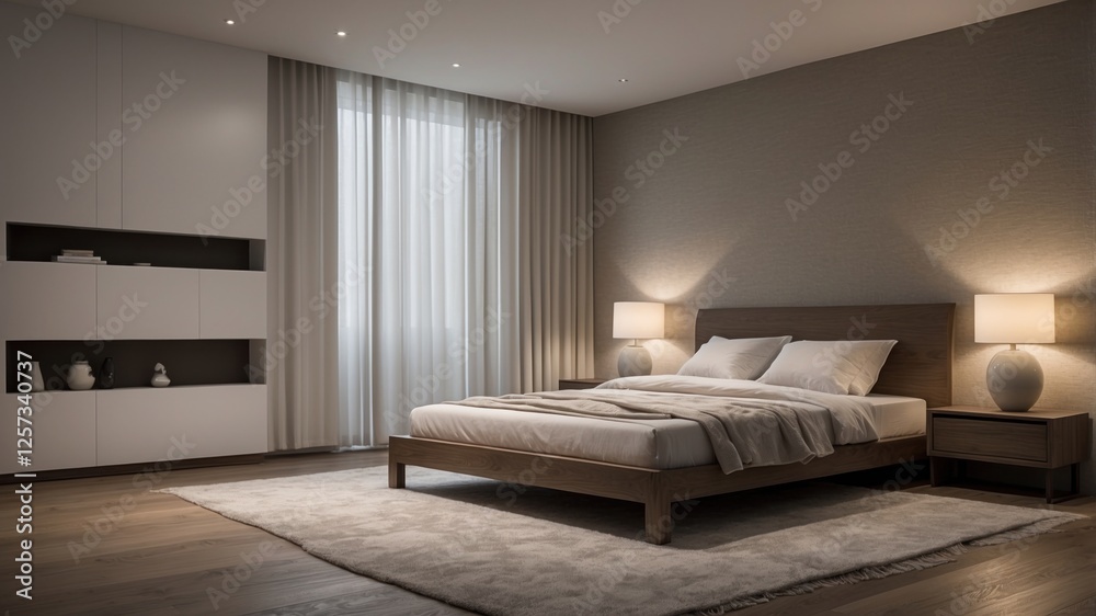 Fototapeta premium Modern Bedroom Interior Design, Cozy Night Scene