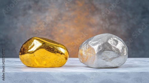 Captivating Metallic Rocks Showcasing Nature s Alluring Diversity   Close up image of two unique rocks with contrasting golden and silver hues photo