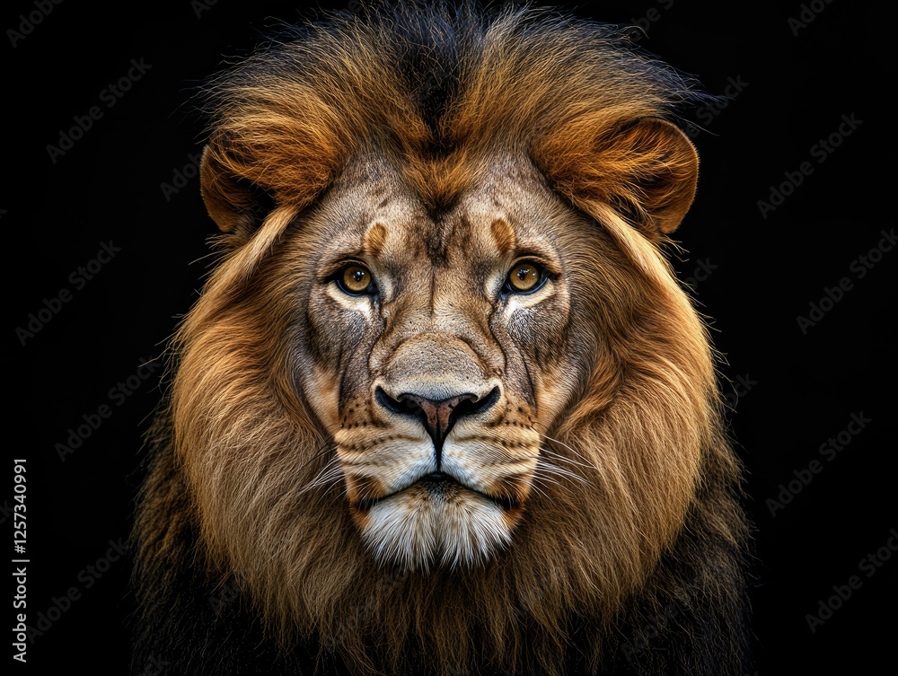 Fototapeta premium Front view closeup of a male lion studio photography isolated on black background.