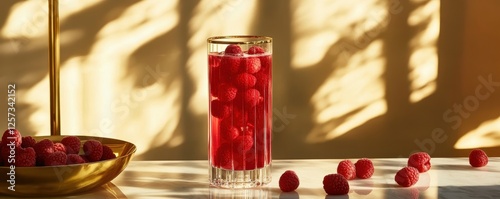 Sparkling raspberry drink in a glass with golden reflections photo