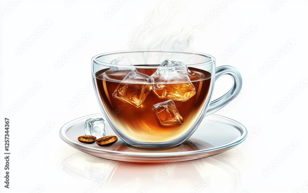 steaming hot coffee served in a transparent ice cup, with light reflections and frosty details, isolated on white steaming hot coffee served in a transparent ice cup, with light reflections and frosty details, isolated on white