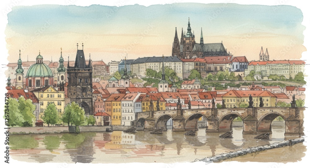 Naklejka premium Charming prague skyline with historic charles bridge and st. vitus cathedral