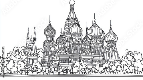 St. Basil's Cathedral, Moscow, Russia, line art; coloring book page