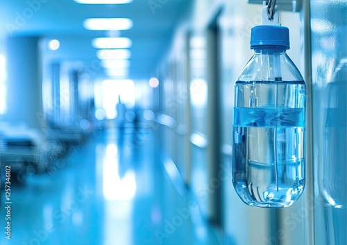 Hospital IV Fluid Bottle, Empty Corridor photo