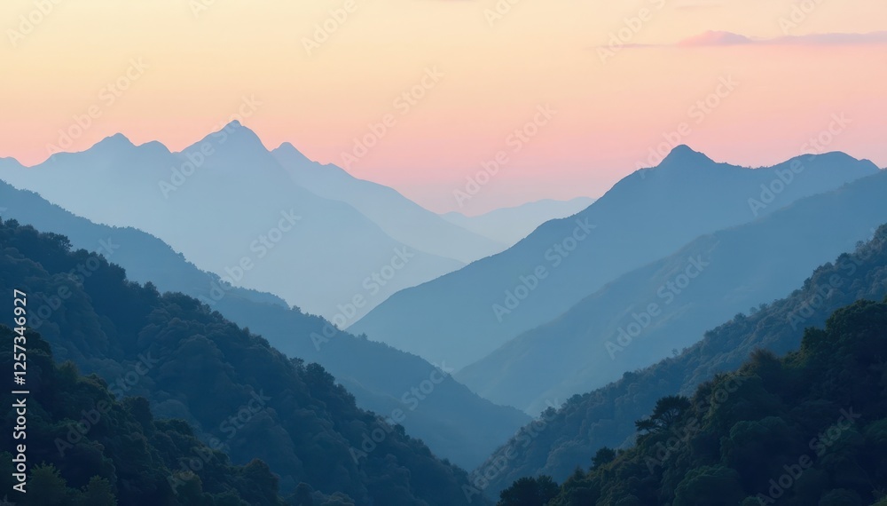 Misty mountain peaks, soft sunrise hues, pale sky gradient, art, atmosphere Misty mountain peaks, soft sunrise hues, pale sky gradient, art, atmosphere