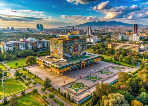 Orbital satellite imagery reveals the grandeur of UNAM's Central Library against Mexico City's sprawling landscape.