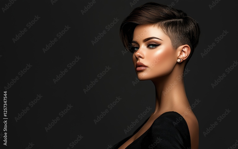 Fototapeta premium Slim and tall woman with edgy style, asymmetric haircut, dark gray background