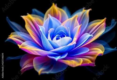 Colorful Flower Blooms With Vibrant Hues of Blue, Purple, and Gold in Dark Space. Generative AI