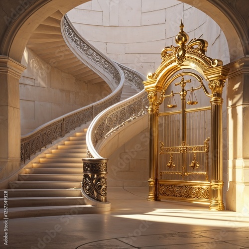 Elegant Gold Gate With Decorative Elements Beside Curved Staircase In Majestic Hallway And A View To The Outside Area With A Gorgeous Landscape and Lightings.  High Ceiling And Classical
