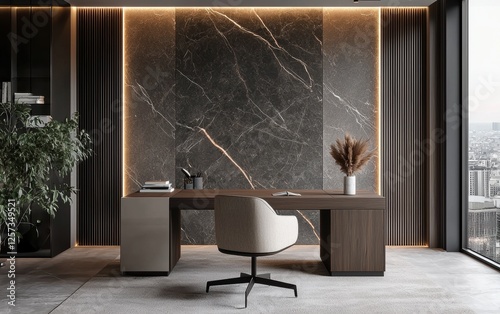 Minimalist home office, boucle desk chair, sleek wooden desk, neutral-toned rug, dark marble accent wall with stylish warm LED strips, functional yet stylish