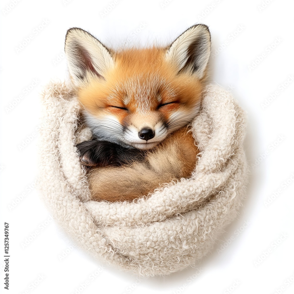Obraz premium Adorable Sleeping Fox Kit Curled Cozy Warm Beige Knit Scarf Winter Wildlife Photography Cute Animal Peaceful Red Fox Cub Sweet Dreams Nature rest 