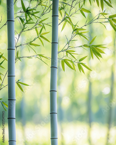 Bamboo stalks standing tall in serene forest, bathed in soft light