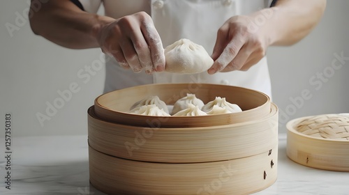 Skilled chef preparing delicious steamed dumplings in a bamboo steamer with a clean kitchen background photo