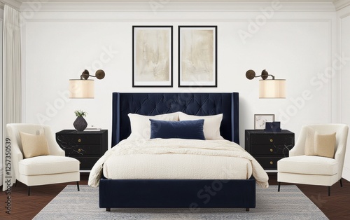 Navy blue velvet bed, cream boucle accent chairs, black marble nightstands, warm ambient lighting