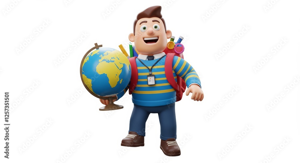 Cheerful Cartoon Student Ready for School with Globe and Backpack Cheerful Cartoon Student Ready for School with Globe and Backpack