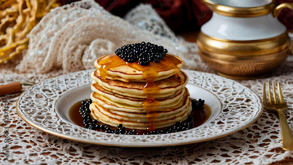 Russian traditions. Russian holiday Maslenitsa. Still life with a stack of pancakes and black caviar. Russian traditions. Russian holiday Maslenitsa. Still life with a stack of pancakes and black caviar.