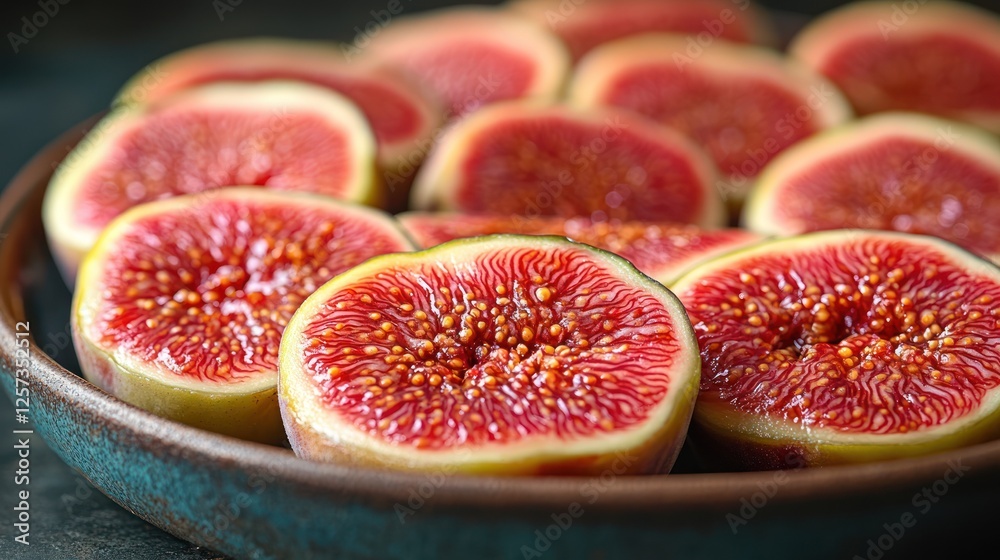 Close-up of freshly cut figs arranged beautifully on a rustic plate, highlighting their vibrant colors and textures Close-up of freshly cut figs arranged beautifully on a rustic plate, highlighting their vibrant colors and textures