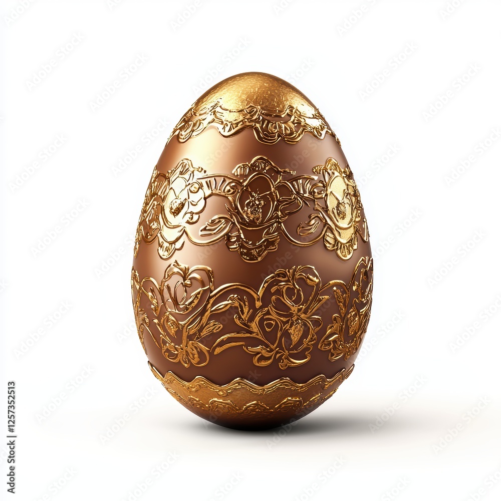 chocolate Easter egg wrapped in golden foil with embossed patterns, isolated on white.