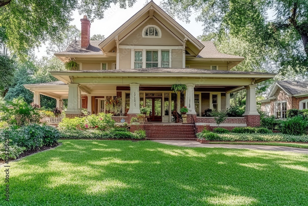 Craftsman home, suburban neighborhood, sunny day, real estate listing Craftsman home, suburban neighborhood, sunny day, real estate listing