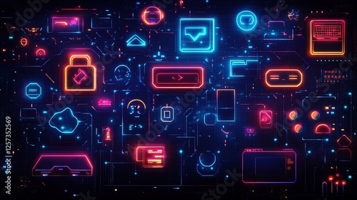 An abstract background featuring retro game themes with glowing neon colors and pixel patterns