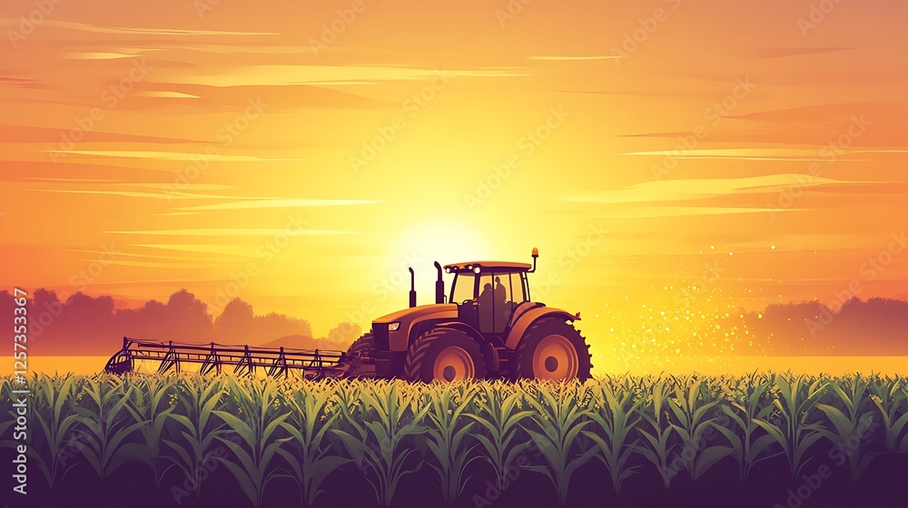 Fototapeta premium Golden Hour Harvest: Tractor in Cornfield at Sunset