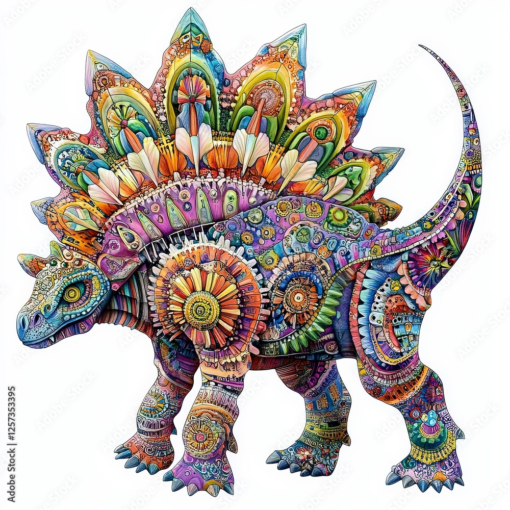 Fototapeta premium Colorful stegosaurus sculpture with intricate designs in a vibrant artistic style
