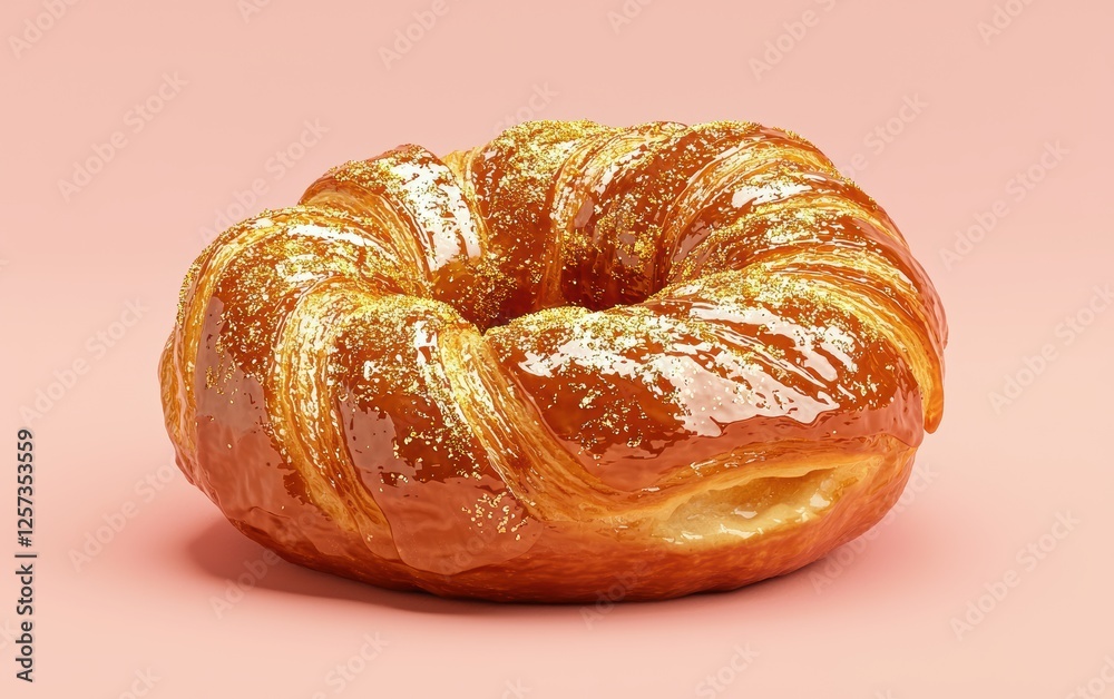 croissant-donut hybrid (cronut) with layers of flaky pastry and a rich, glossy glaze, topped with edible gold dust, isolated on a pastel background croissant-donut hybrid (cronut) with layers of flaky pastry and a rich, glossy glaze, topped with edible gold dust, isolated on a pastel background