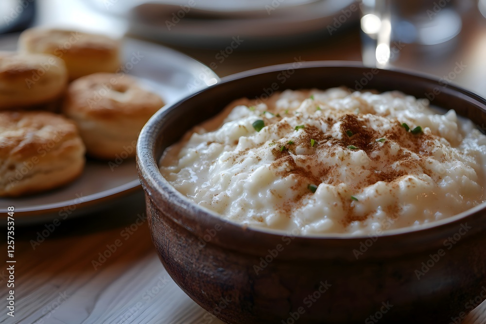 Homemade Rice Pudding with Cinnamon in a Bowl, Served with Biscuits on a Rustic Wooden Table Homemade Rice Pudding with Cinnamon in a Bowl, Served with Biscuits on a Rustic Wooden Table