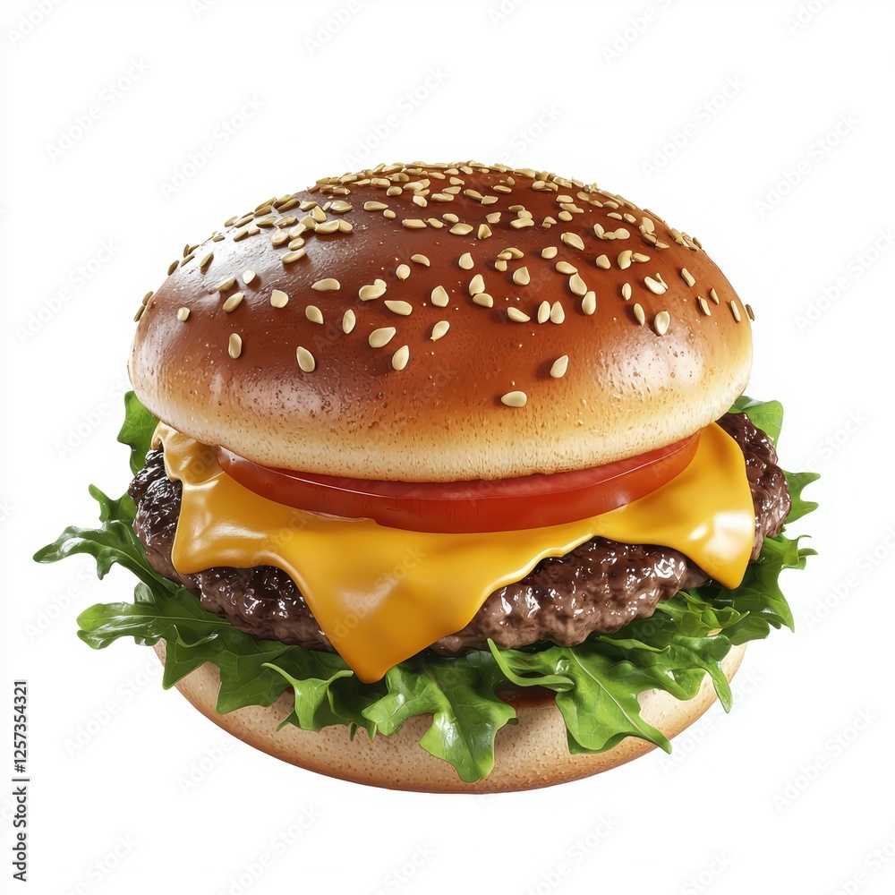 delicious cheeseburger with melted cheese, fresh lettuce, tomato, and sesame seed bun, isolated on white. delicious cheeseburger with melted cheese, fresh lettuce, tomato, and sesame seed bun, isolated on white.