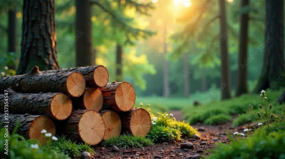 Golden hour sunlight illuminates a pile of freshly cut logs nestled amidst vibrant green forest foliage and delicate wildflowers along a tranquil woodland path. Golden hour sunlight illuminates a pile of freshly cut logs nestled amidst vibrant green forest foliage and delicate wildflowers along a tranquil woodland path.