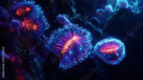 Bioluminescent deep-sea creatures in darkness photo