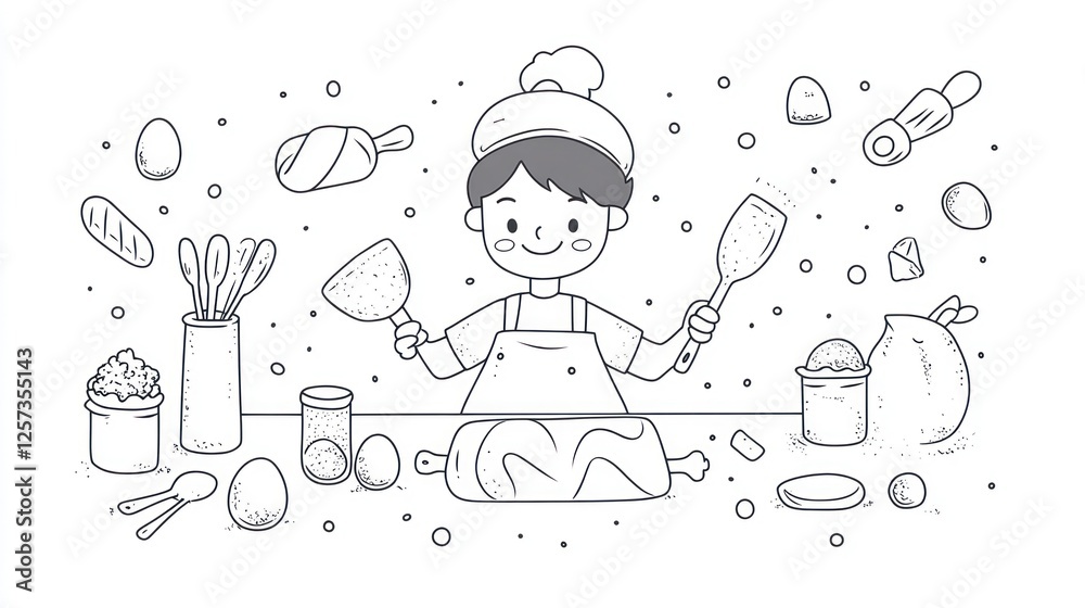 Child chef cooking turkey, kitchen tools, food Child chef cooking turkey, kitchen tools, food