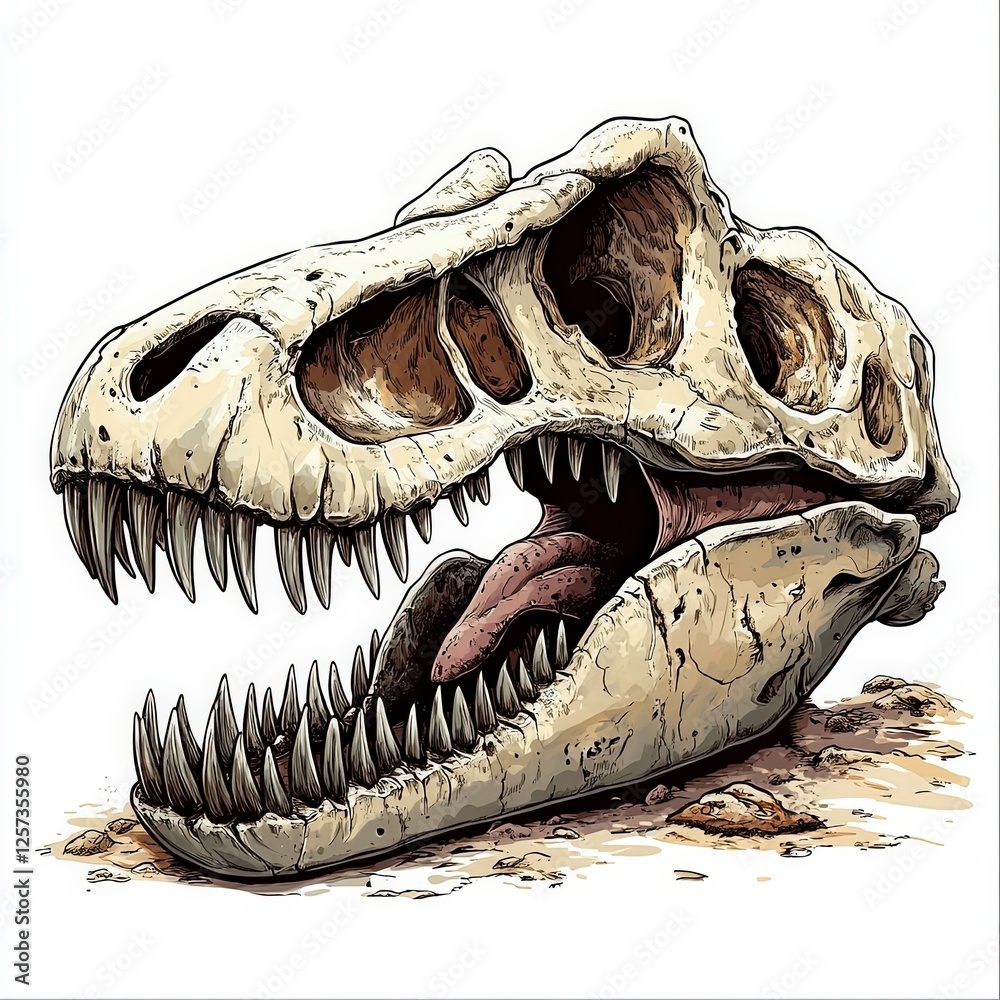 Fototapeta premium Detailed depiction of a dinosaur skull on a rocky surface highlighting prehistoric features