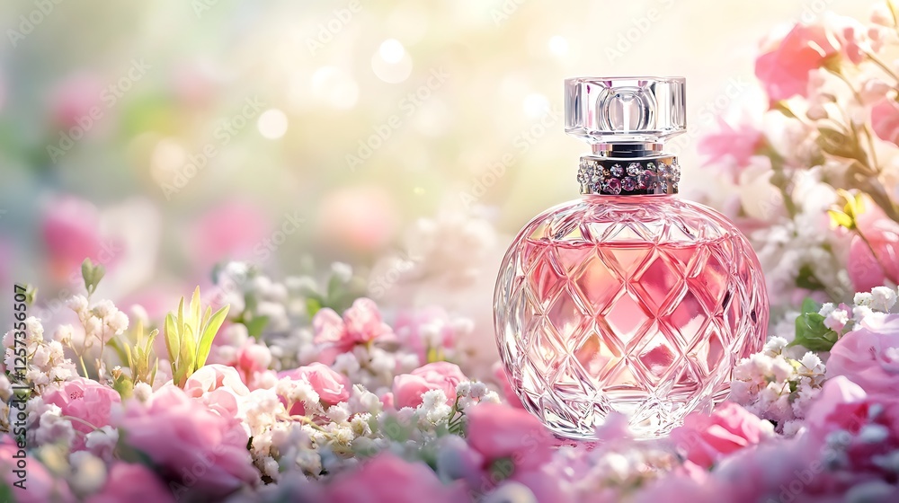 Elegant Perfume Bottle Amidst a Field of Delicate Pink Roses and Flowers, Capturing a Scene of Serenity and Luxury