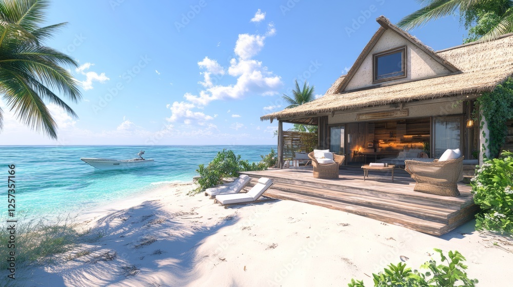 Fototapeta premium A cozy beachside bungalow with a wooden deck, lounge chairs, and a view of the ocean