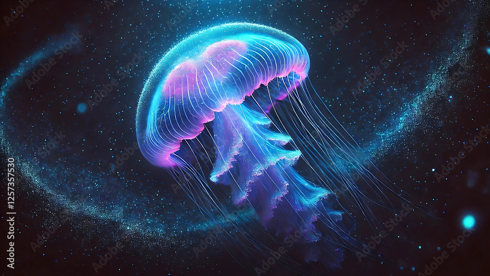 A jellyfish glowing in the dark ocean depths. A jellyfish glowing in the dark ocean depths.