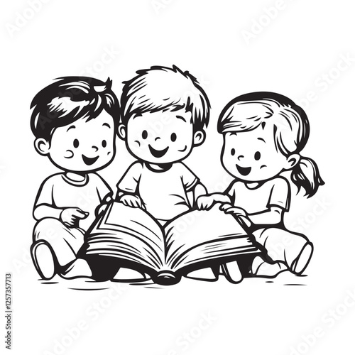 Three Little Children Sitting Together Happily While Reading Books and Enjoying Their Time Vector Illustration