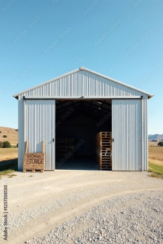 Rural Storage Facility with Open Doors Showing Stacked Pallets Inside under a Bright Blue Sky Rural Storage Facility with Open Doors Showing Stacked Pallets Inside under a Bright Blue Sky