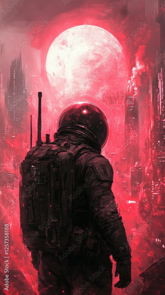 Obraz premium Astronaut Contemplating a Crimson Dystopian Cityscape Under a Blood-Red Moon