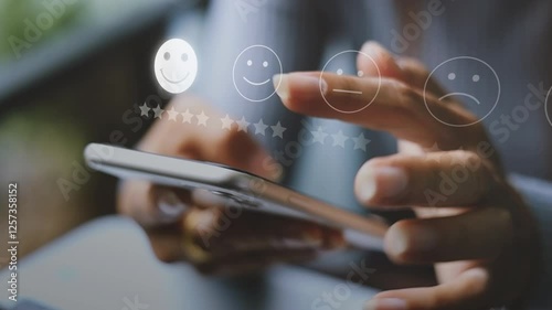 Woman gives five star review online. Excellent customer experience evaluation.	