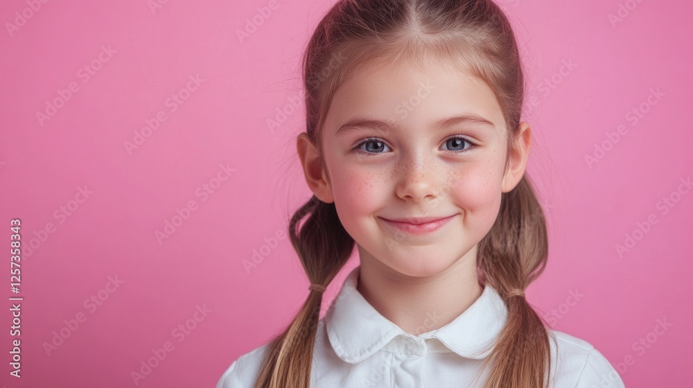 Smiling Young Girl with Pigtails in Front of Pink Background Smiling Young Girl with Pigtails in Front of Pink Background