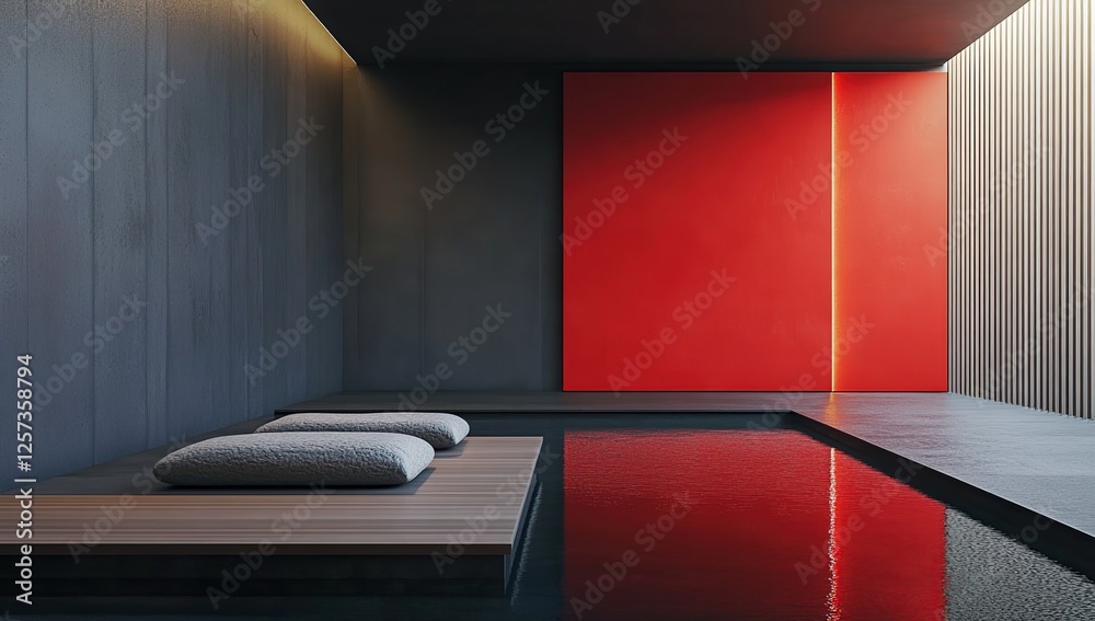 Fototapeta premium Modern Minimalist Architecture: Red Wall, Tranquil Pool, and Wooden Deck Design for Serenity.
