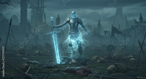 Ghostly knight holding enchanted sword in eerie battlefield